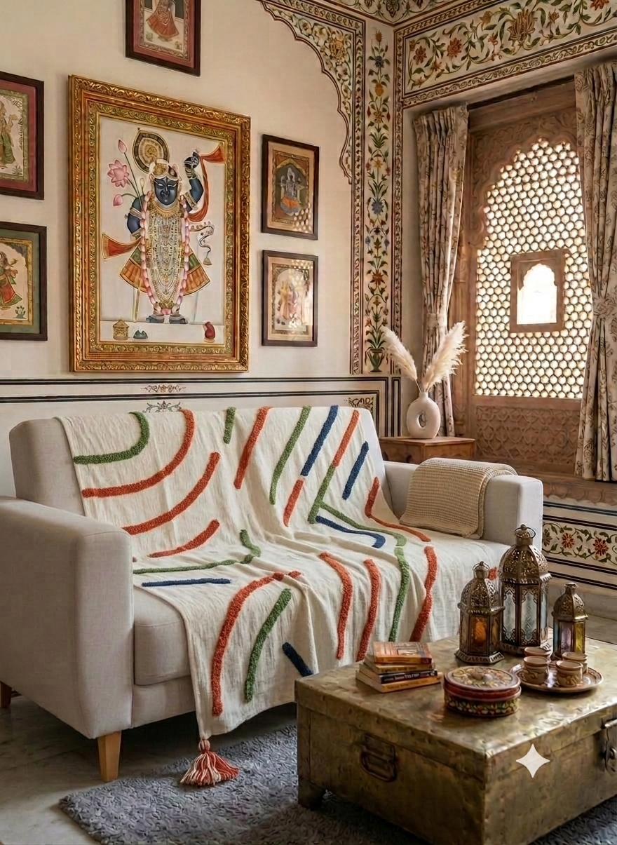 A cozy tufted rainbow arch pattern on a woven sofa throw blanket styled over a living room couch.