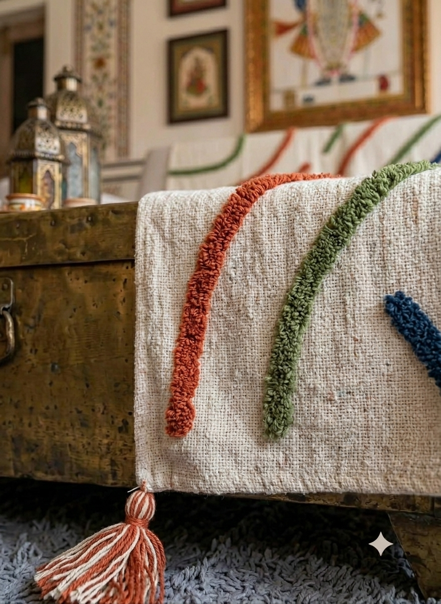 A cozy tufted rainbow arch pattern on a woven sofa throw blanket styled over a living room couch.