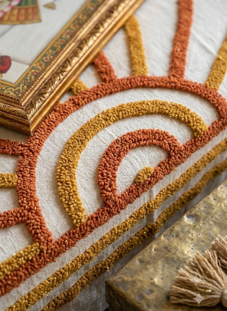 A cream cotton sofa throw blanket featuring a raised, textured tufted rising sun pattern styled on a living room couch.