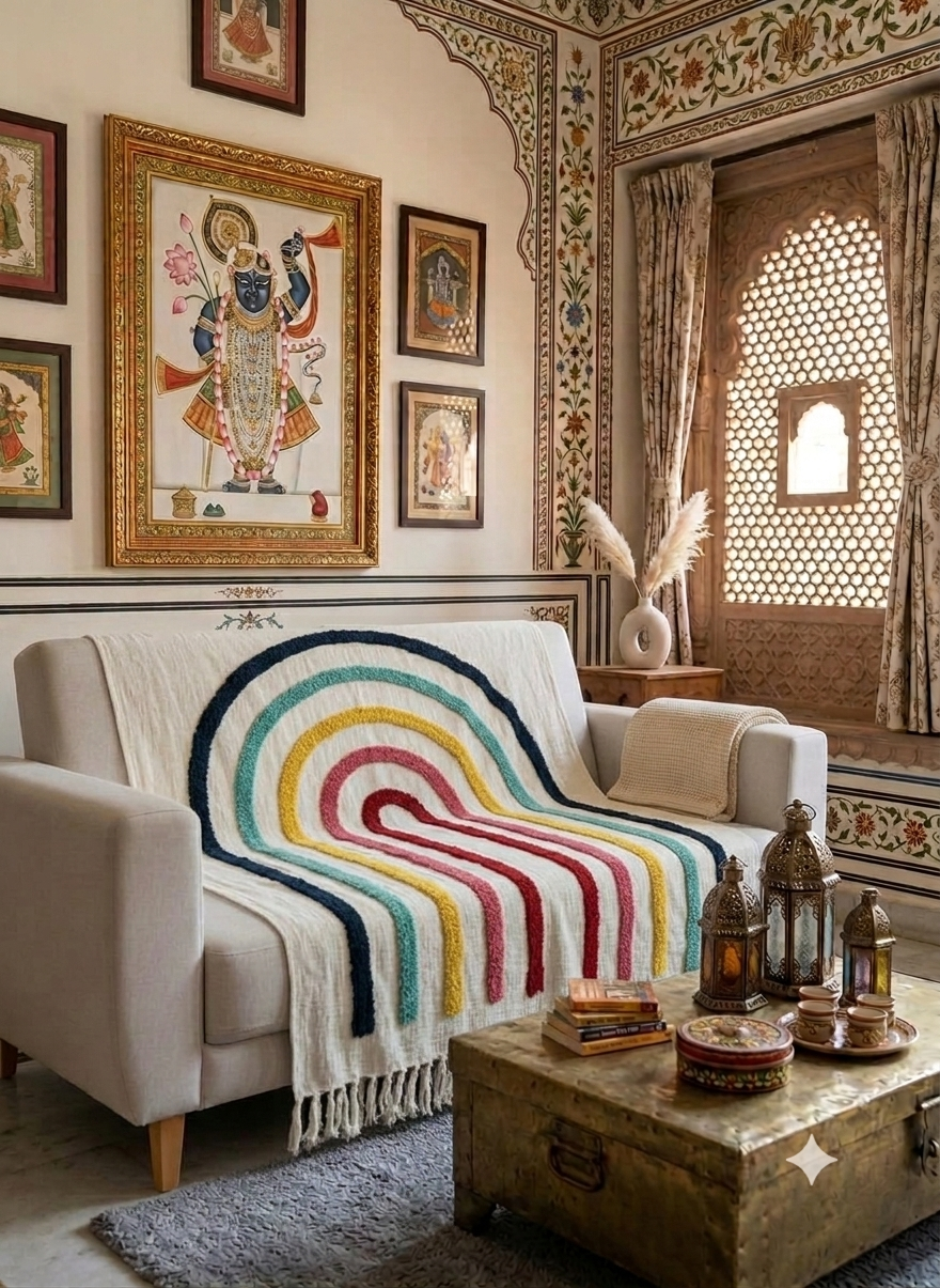 A colorful tufted rainbow arch pattern on a cream-colored cotton sofa throw blanket draped over a living room couch.