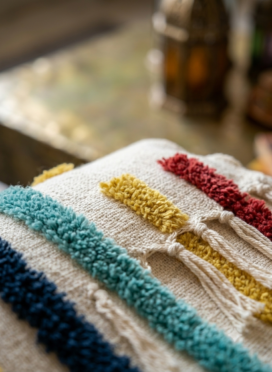 A colorful tufted rainbow arch pattern on a cream-colored cotton sofa throw blanket draped over a living room couch.