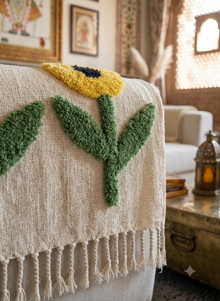 A cream cotton sofa throw blanket featuring a raised, textured tufted long-stem sunflower design styled on a couch.