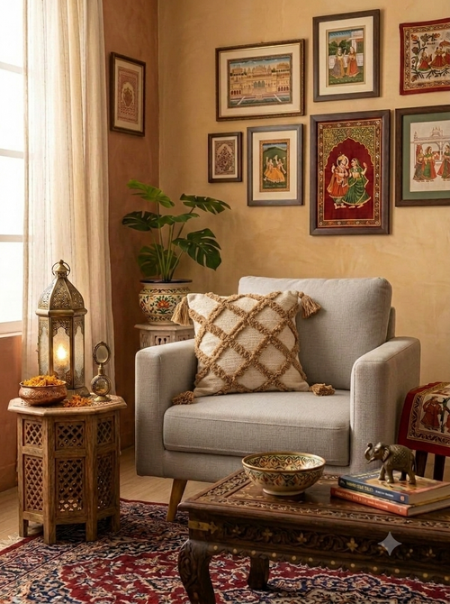 Handwoven tufted cushion cover measuring 40x40 cm with geometric tufted patterns, braided textures, and corner tassels by anhadrang.
