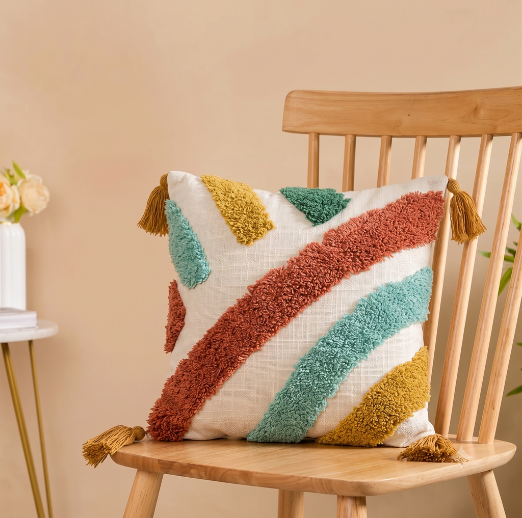 Tufted Cozy Rainbow Stripe Cushion Cover