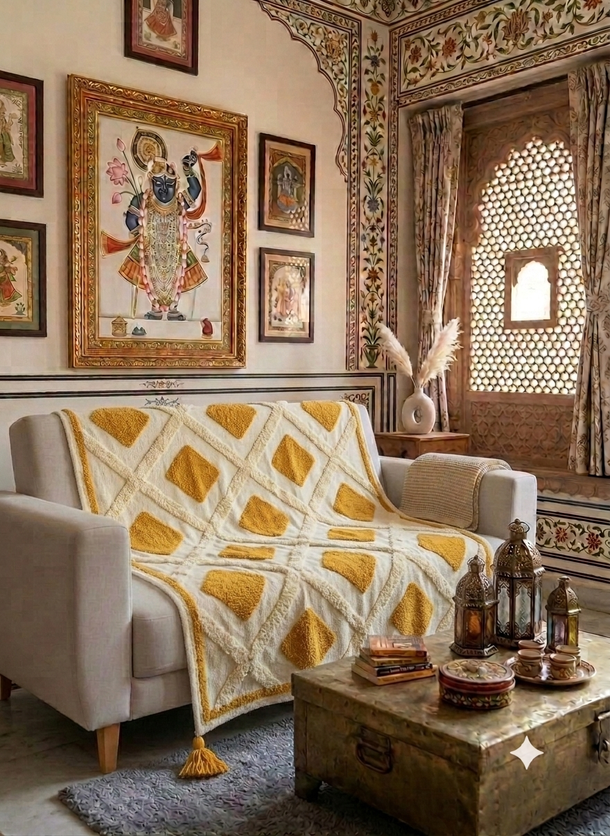 A mustard yellow tufted sofa cover featuring a textured geometric kite pattern draped over a living room couch.