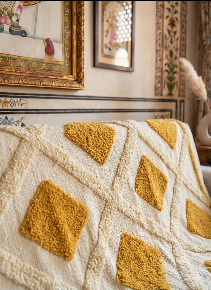 A mustard yellow tufted sofa cover featuring a textured geometric kite pattern draped over a living room couch.
