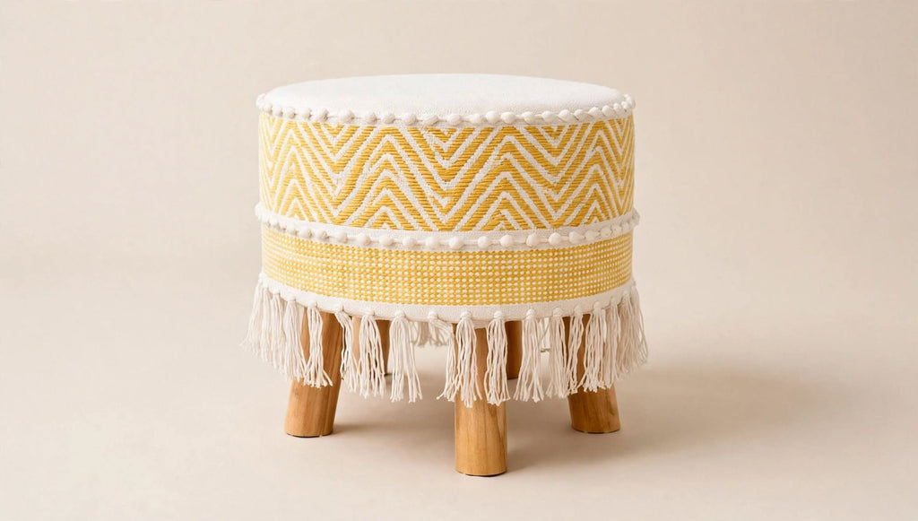 The Yellow Off White Waves Striped Ottoman Pouf (14*14*16)