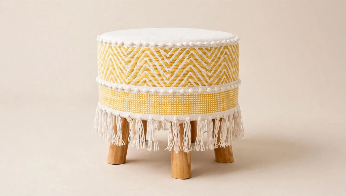 The Yellow Off White Waves Striped Ottoman Pouf (14*14*16)