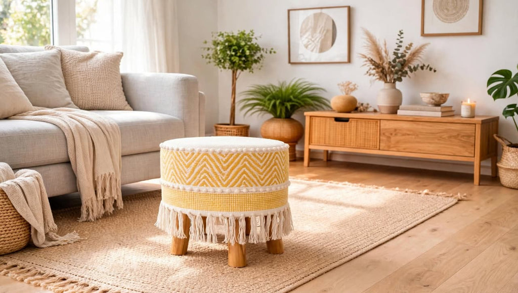 The Yellow Off White Waves Striped Ottoman Pouf (14*14*16)