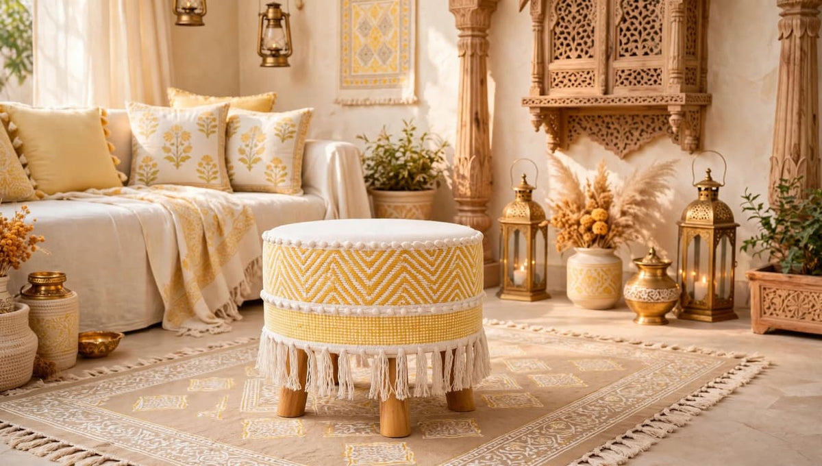 The Yellow Off White Waves Striped Ottoman Pouf (14*14*16)