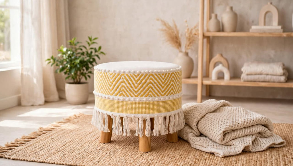 The Yellow Off White Waves Striped Ottoman Pouf (14*14*16)