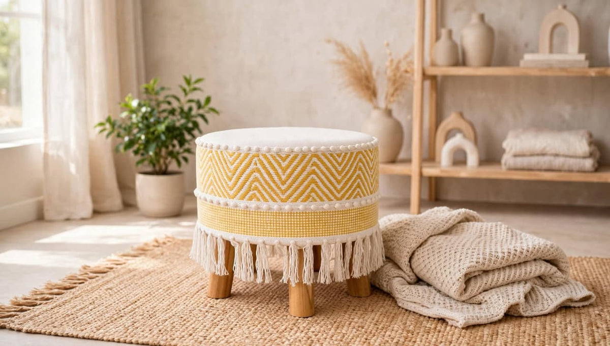 The Yellow Off White Waves Striped Ottoman Pouf (14*14*16)