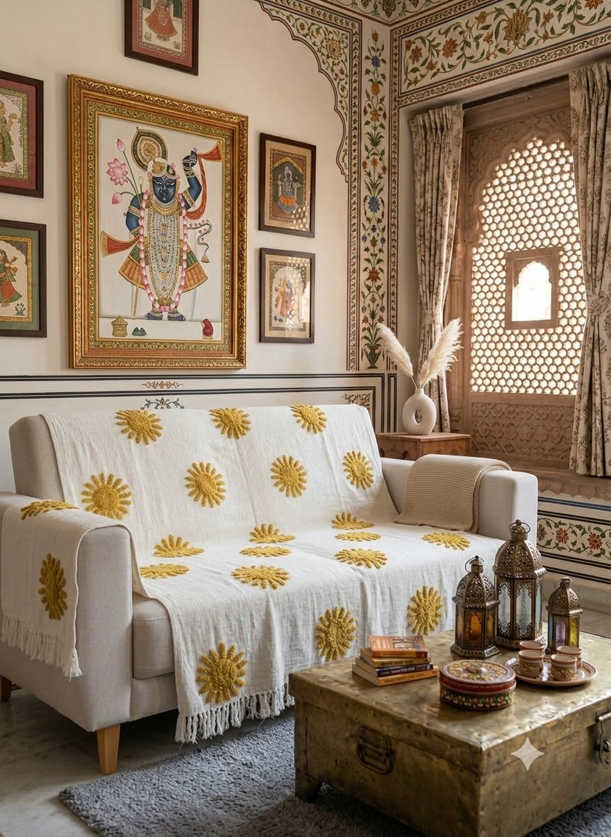 A cream cotton sofa throw blanket featuring a raised, textured tufted sunburst design styled on a living room couch.