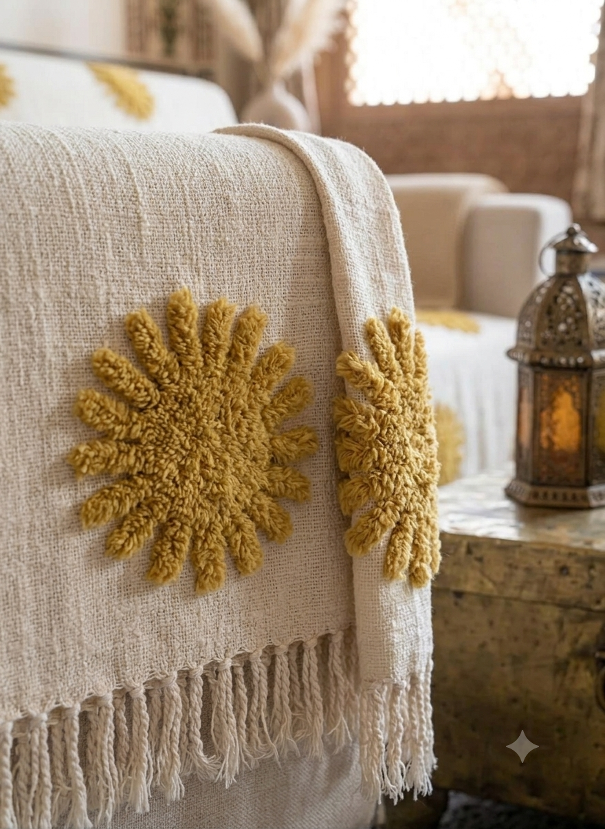 A cream cotton sofa throw blanket featuring a raised, textured tufted sunburst design styled on a living room couch.